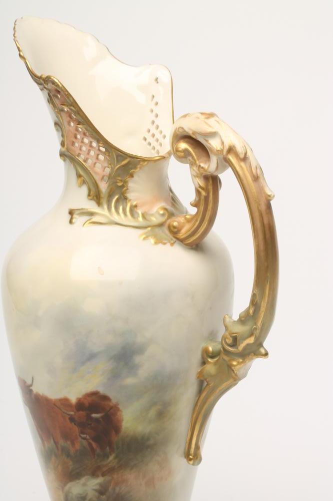 A ROYAL WORCESTER CHINA EWER, 1910, of flared rounded cylindrical form with diaper pierced high - Image 3 of 5