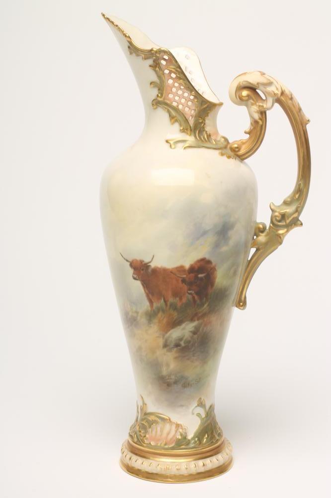 A ROYAL WORCESTER CHINA EWER, 1910, of flared rounded cylindrical form with diaper pierced high