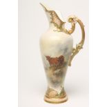 A ROYAL WORCESTER CHINA EWER, 1910, of flared rounded cylindrical form with diaper pierced high
