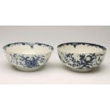 TWO FIRST PERIOD WORCESTER "MANSFIELD" PATTERN PORCELAIN BOWLS, c.1770's, painted in underglaze