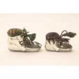 TWO GRADUATED EDWARDIAN SILVER NOVELTY BOOT PIN CUSHIONS, maker Levi & Salaman, Birmingham 1906