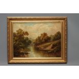 ENGLISH SCHOOL (Mid/Late 19th Century), River Scene with Fisherman, Figures on a Path Nearby, oil on