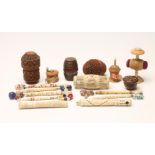 A COLLECTION OF SEWING ACCOUTREMENTS, late 18th century and later, including a boxwood drum