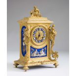 A FRENCH BLUE PORCELAIN AND ORMOLU CASED MANTEL CLOCK, mid/late 19th century, the twin barrel