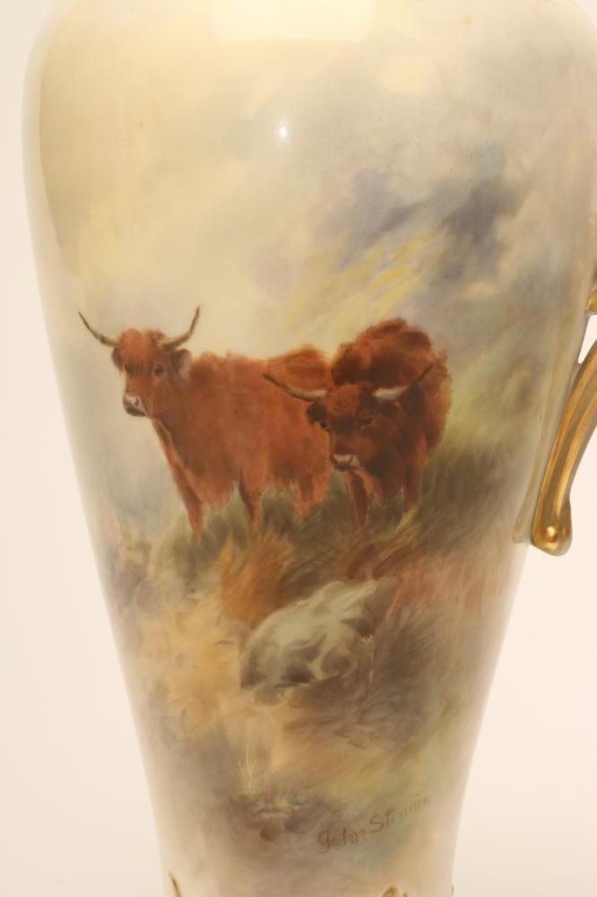 A ROYAL WORCESTER CHINA EWER, 1910, of flared rounded cylindrical form with diaper pierced high - Image 2 of 5