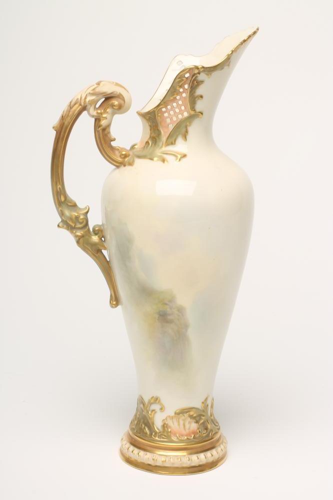 A ROYAL WORCESTER CHINA EWER, 1910, of flared rounded cylindrical form with diaper pierced high - Image 4 of 5