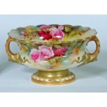 A ROYAL WORCESTER CHINA ROSE BOWL, 1912, of squat baluster form with everted scalloped rim and two