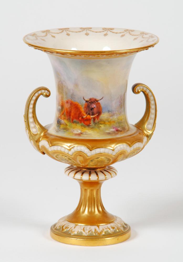 A ROYAL WORCESTER CHINA CAMPANA URN, 1919, painted in polychrome enamels by Harry Stinton with two