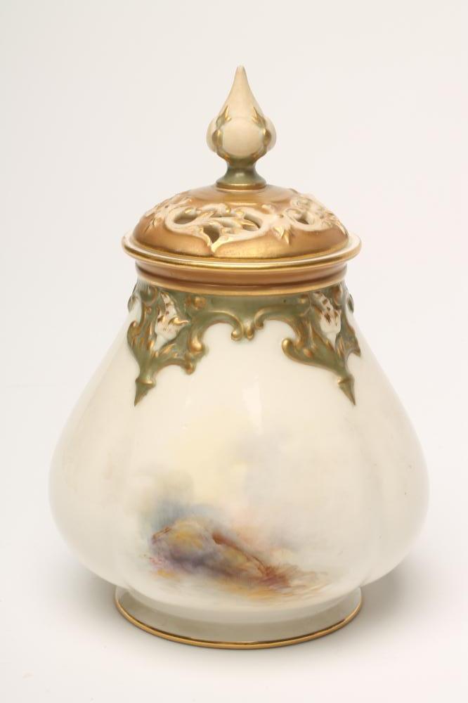 A ROYAL WORCESTER CHINA POT POURRI AND PIERCED COVER, 1912, of lobed tapering cylindrical form, - Image 2 of 5