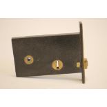 A JOSEPH KAYE BRASS ASYLUM LOCK, with key, from Storthes Hall, Huddersfield, lock plate, 4" x 6" (