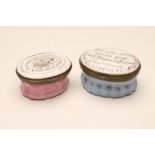 TWO ENGLISH ENAMEL PATCH BOXES, late 18th century, each of oval form, the pink example printed in