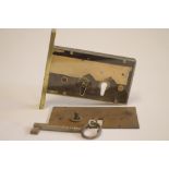 A JOSEPH KAYE BRASS ASYLUM LOCK, with key, from Stanley Royds, York, lock plate 4" x 6 3/4" (Est.