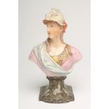 A STAFFORDSHIRE PEARLWARE BUST OF MINERVA, early 19th century, wearing a helmet (lacks plume), brown