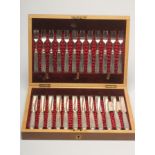 A SET OF TWELVE PAIRS OF VICTORIAN SILVER DESSERT KNIVES AND FORKS, maker Elkington & Co. Ltd.,