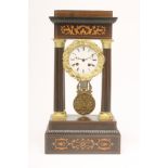 A FRENCH EBONISED AND MARQUETRY FOUR PILLAR PORTICO CLOCK, the twin barrel movement with outside