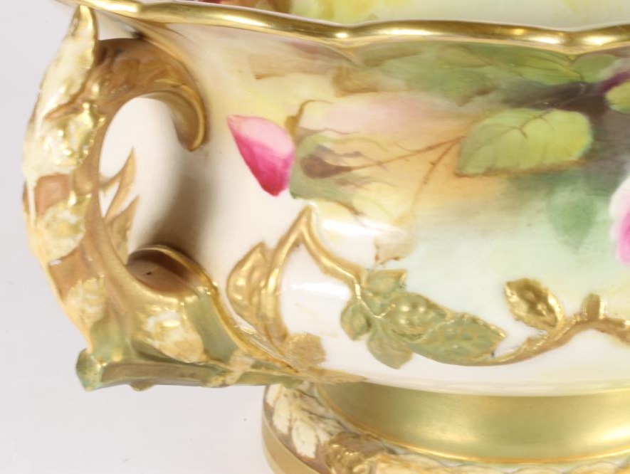 A ROYAL WORCESTER CHINA ROSE BOWL, 1912, of squat baluster form with everted scalloped rim and two - Image 8 of 8