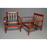 A PAIR OF DANISH TEAK LOUNGE CHAIRS by France & Son 1959, with chamfered straight top rail on