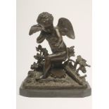 A BRONZE FIGURE OF CUPID, 19th century, modelled kneeling and taking aim, a quiver and tambourine at