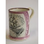 A VICTORIAN SUNDERLAND LUSTRE POTTERY FROG MUG, printed in underglaze black with a three masted