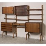 A DANISH TEAK ROOM UNIT by Kai Kristiansen, the square wooden uprights and metal rods supporting two