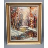 VALTER BERZINS (1925-2009), Woodland Snowscene, oil on board, signed, 23 1/2" x 18", framed (subject