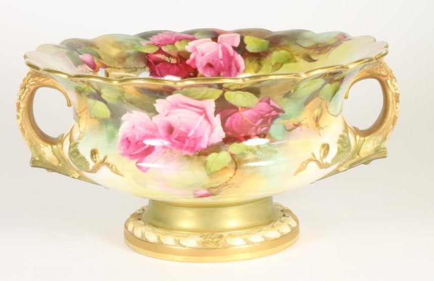 A ROYAL WORCESTER CHINA ROSE BOWL, 1912, of squat baluster form with everted scalloped rim and two - Image 6 of 8