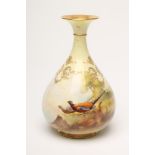 A ROYAL WORCESTER CHINA HADLEY WARE VASE, 1905, of rounded conical form with flared rim, painted