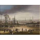 BRIAN SHIELDS "BRAAQ" (1951-1997), Figures Near a Boating Lake, Industrial Town Beyond, oil on