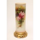 A ROYAL WORCESTER CHINA SLEEVE VASE, 1920, raised upon a scroll pierced base, painted with full