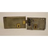 A CHARLES SMITH IRON AND BRASS DOUBLE CELL MAIN DOOR PRISON LOCK, with key from the old Court House,