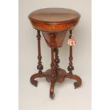 A VICTORIAN WALNUT WORK TABLE, of shallow circular form with stringing, moulded edged and hinged lid