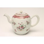 A CHINESE EXPORT PORCELAIN TEAPOT, of rounded form with panelled handle and spout, painted in