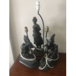 Large spelter Victorian girl lamp base and a pair of spelter Marley Horse bases