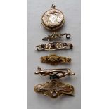 Five bar brooches and a locket all a/f some 9ct gold