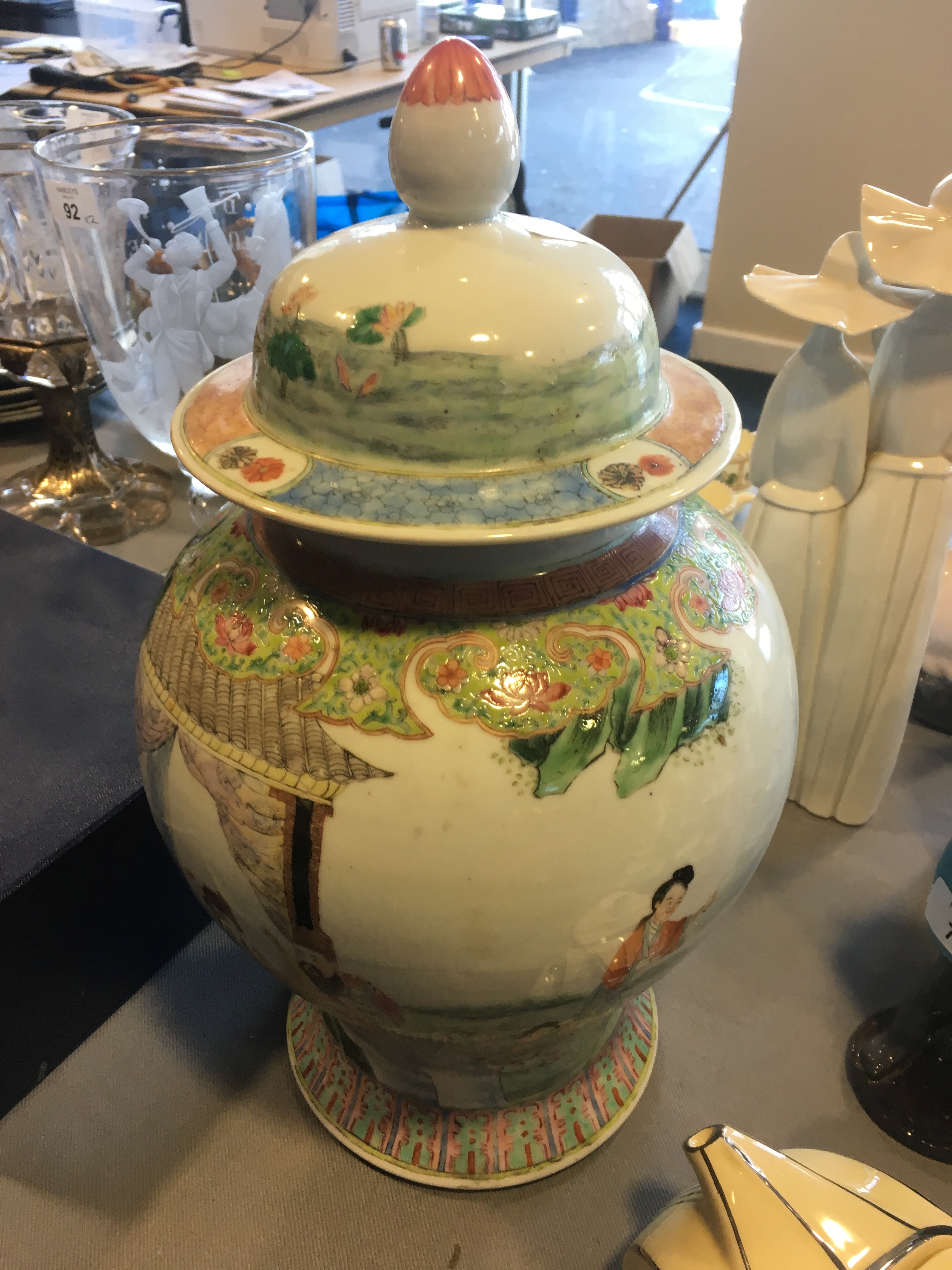 Good large Famille Rose baluster jar and lid with double blue circle to the base 40cms high - Image 3 of 3