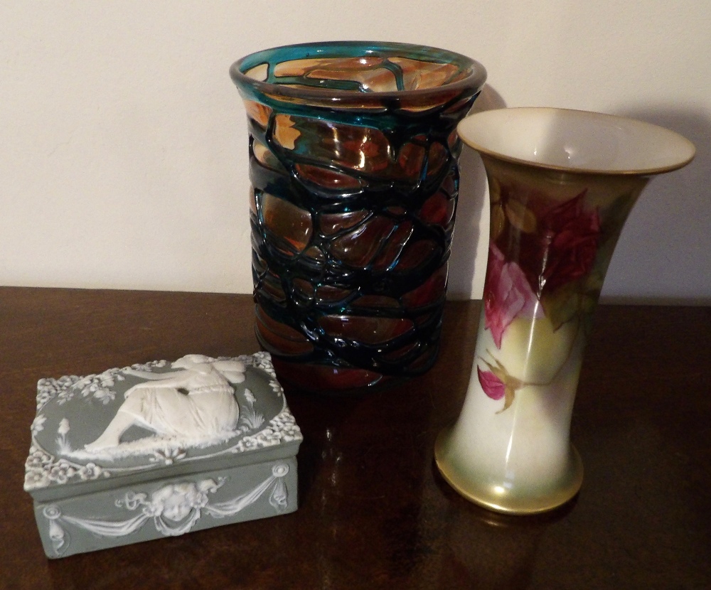 Royal Worcester slender vase unsigned, a Mdina glass vase and a continental jasperware box