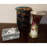 Royal Worcester slender vase unsigned, a Mdina glass vase and a continental jasperware box