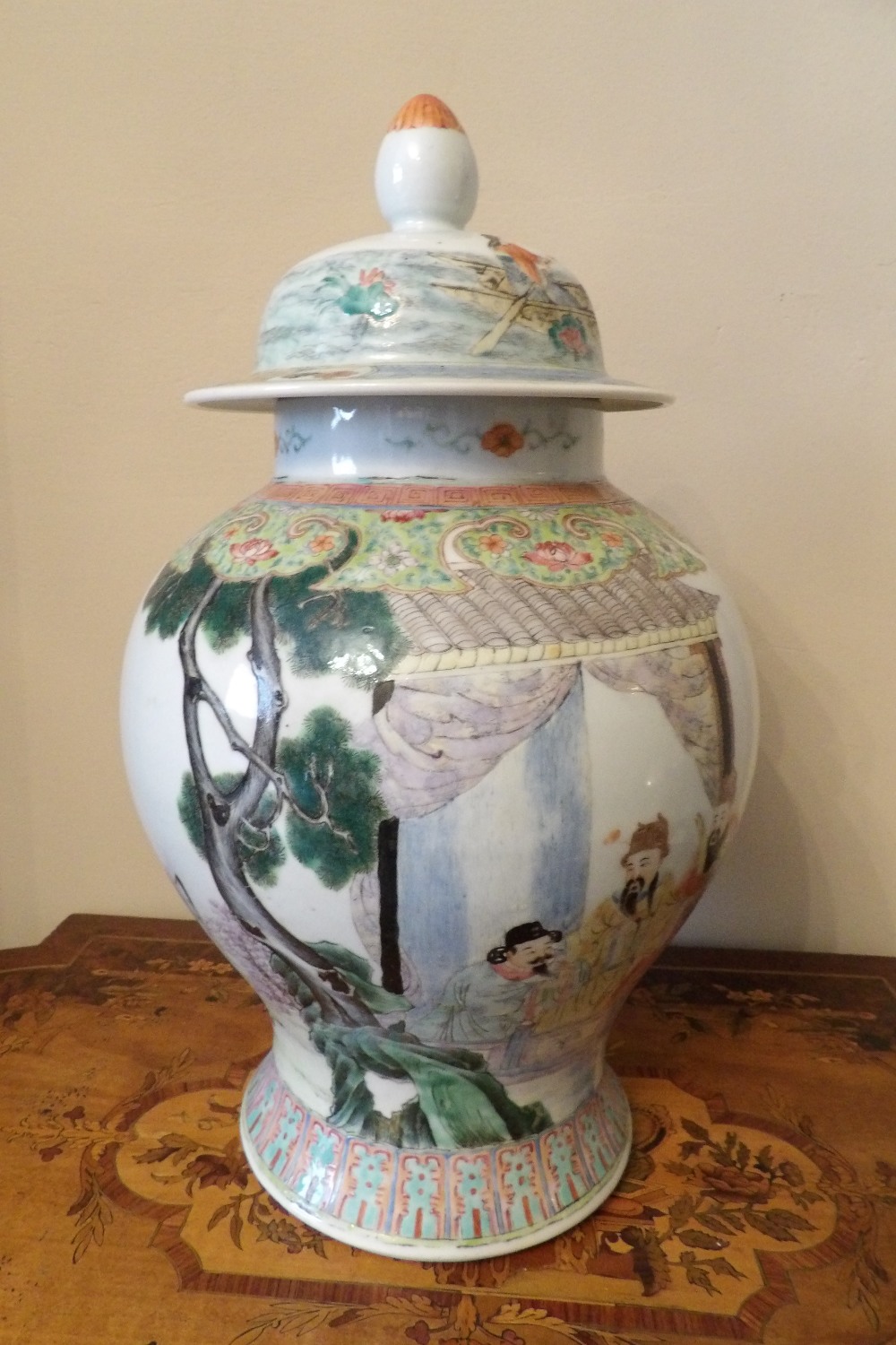Good large Famille Rose baluster jar and lid with double blue circle to the base 40cms high