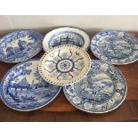 Six various blue and white plates inc. 19th c transfer prints