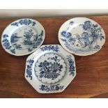 Three 18th c blue and white delft plates approx 22 cms diam. a/f