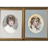 Pair of watercolour portraits by Flora Bush.