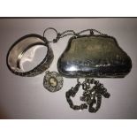 Silver finger purse, chain, pendant and bangle marked standard