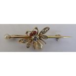 Good quality bug bar brooch with diamond, pearls and ruby eyes