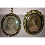 Two portrait miniatures one in seed pearl pendant and one with 18ct gold mount