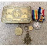 WW I ration tin and three service medals for K W 723 J Hay A.B. R.N.V.R.