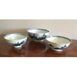 Three 18th c blue and white bowls 1 Liverpool and 2 Worcester 21cm 18cm and 16cm respectively