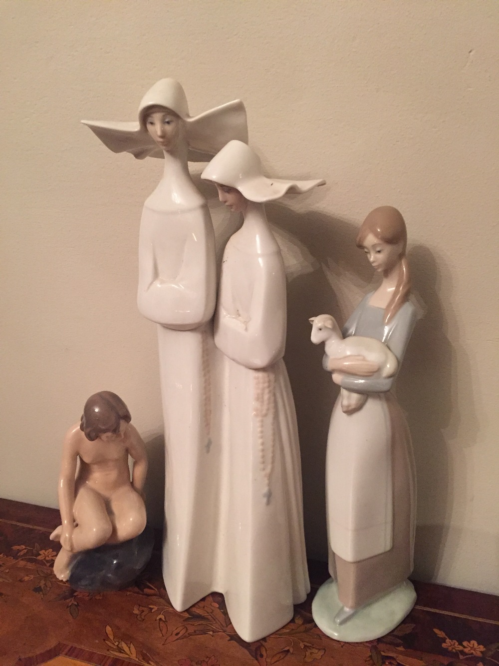 Two Lladro figures Two nuns and a Sheperdess with a Royal Copenhagen The Mermaid Figure - Image 2 of 2