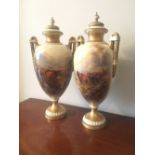 Fine quality pair Royal Worcester vases and covers signed J Stinton 1923/4 35.5 cms high