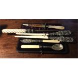 Silver fruit knife and spoon, silver mounted glove stretchers etc.