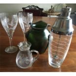 Loetz glass vase,cocktail shaker, masonic jug and 2 engraved glasses